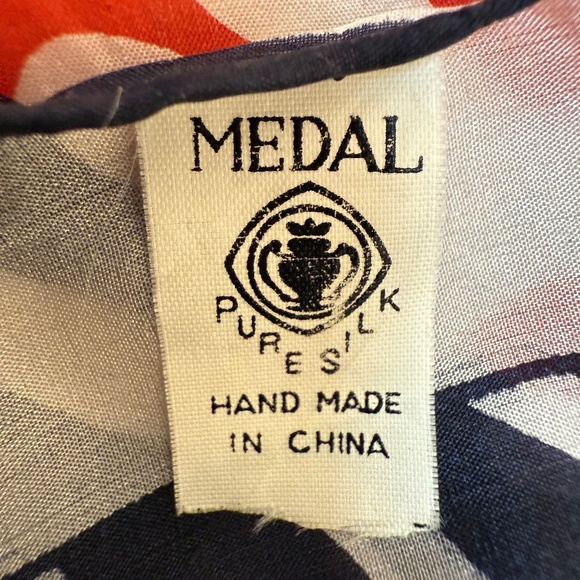 Vintage Medal Pure Silk Scarf – Red, Navy & Ivory Floral Stripe – Hand Rolled - Picture 9 of 9